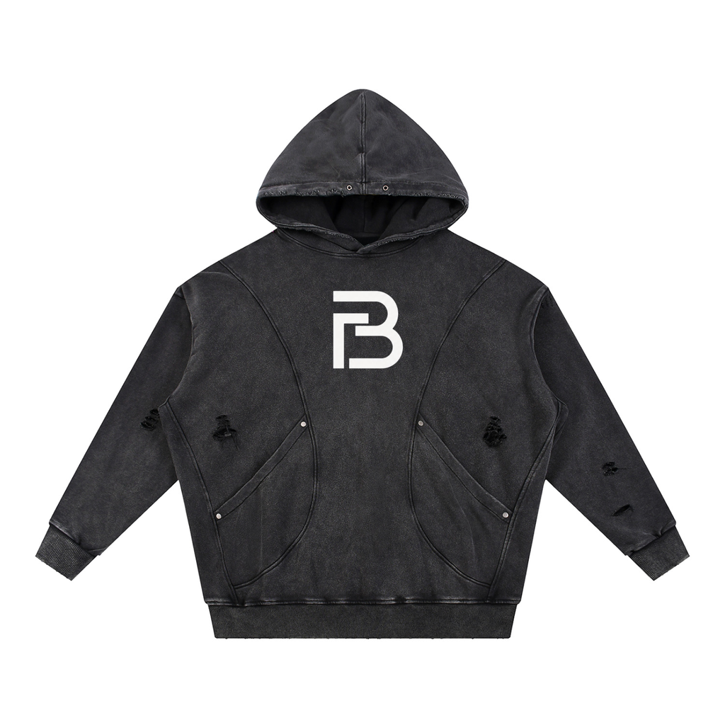 Snow Washed Distressed Panel Pocket Hoodie