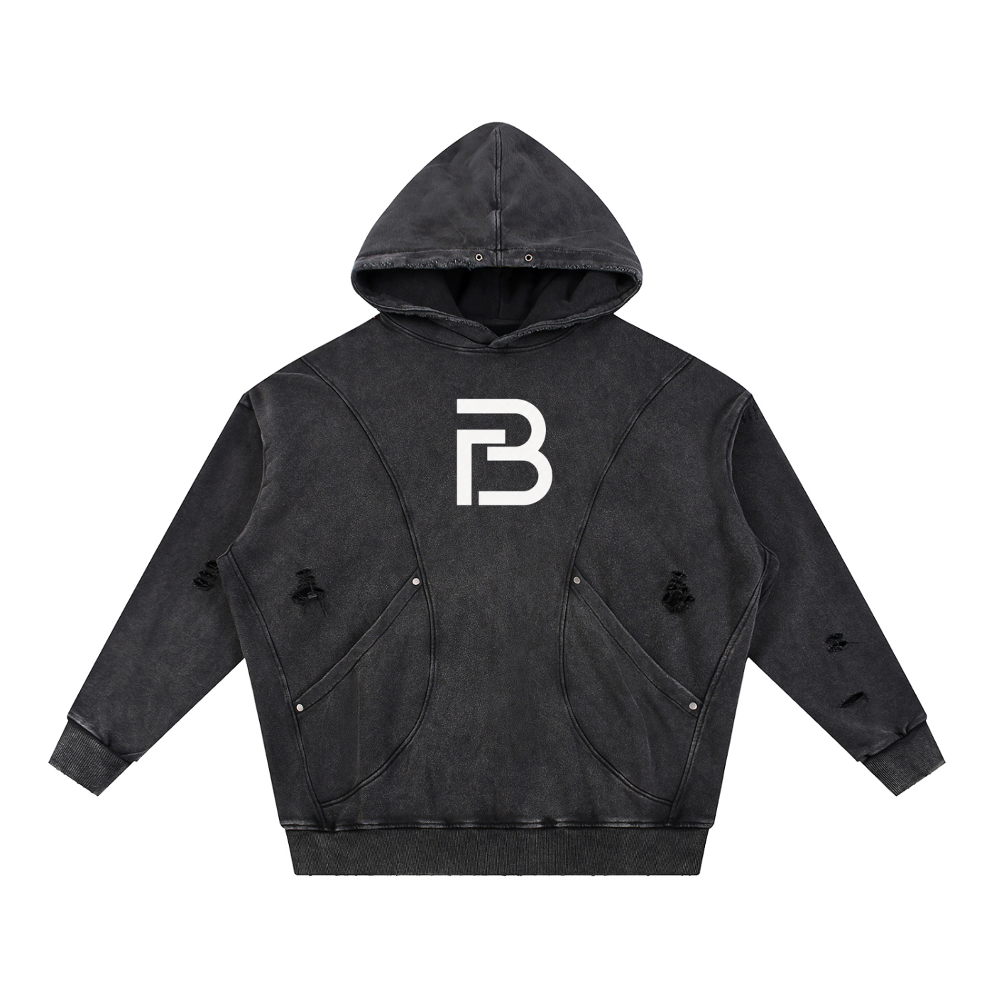Snow Washed Distressed Panel Pocket Hoodie